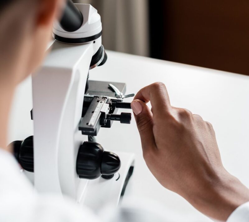 Scientist working with a microscope, highlighting advanced downstream processing techniques for high-quality bacteriophage production at Qeen Biotechnologies.