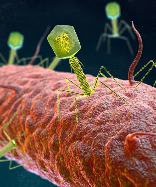 Illustration of a bacteriophage attacking a bacterium, demonstrating the targeted approach of phage therapy against bacterial pathogens.