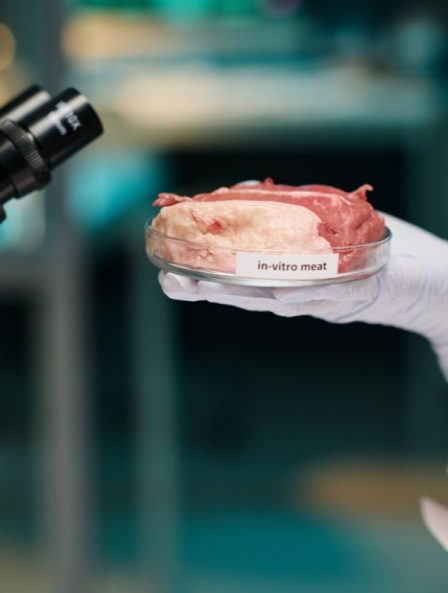 Scientist holding a labeled 'in vitro meat' sample, highlighting advancements in lab-grown meat technology and food safety.