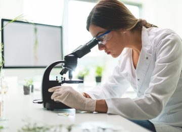 Scientist analyzing bacteria with a microscope, focusing on detailed microbial research and bacteriophage development.